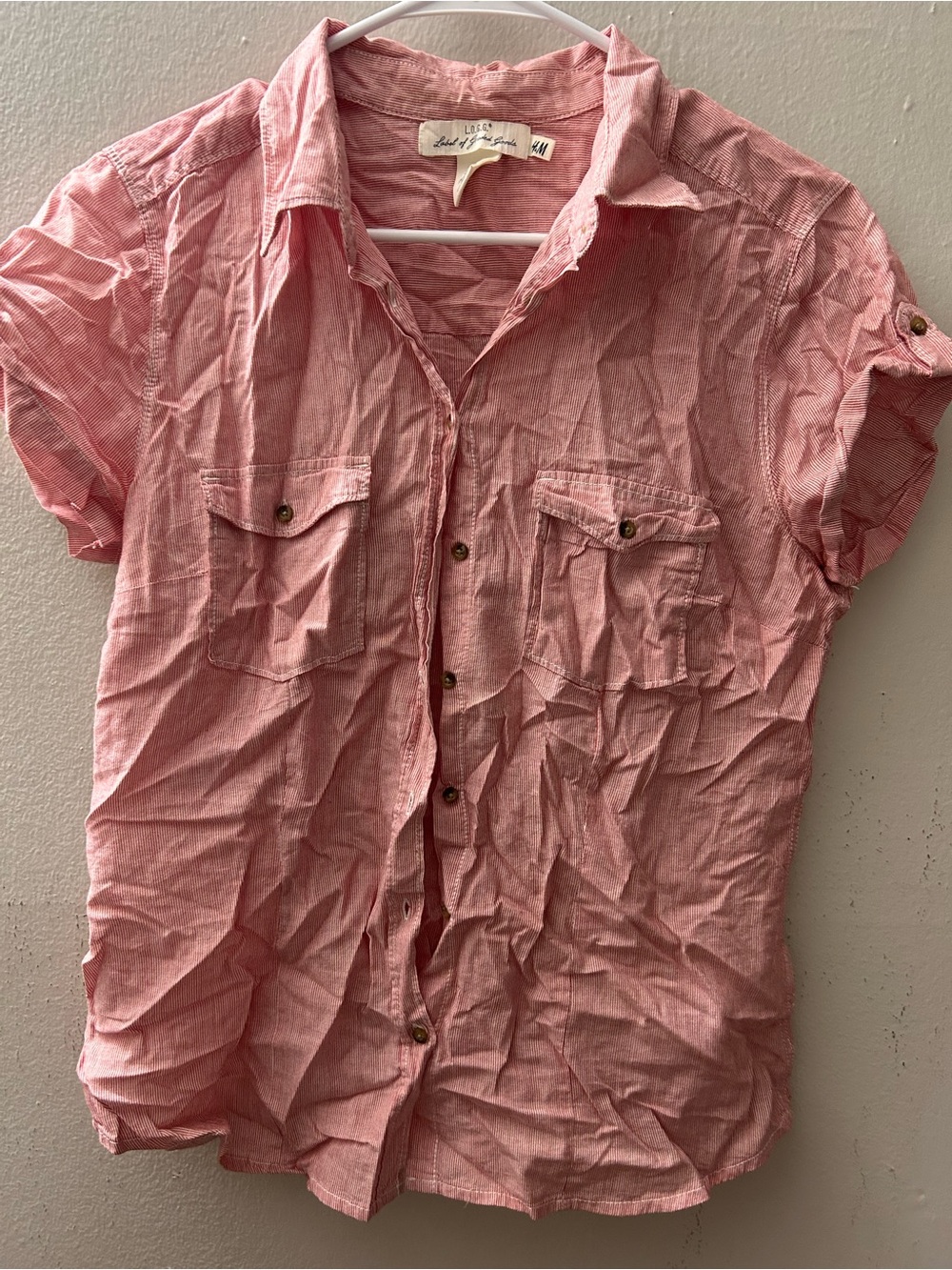 H&M Striped Button-Up Shirt in Soft Pink